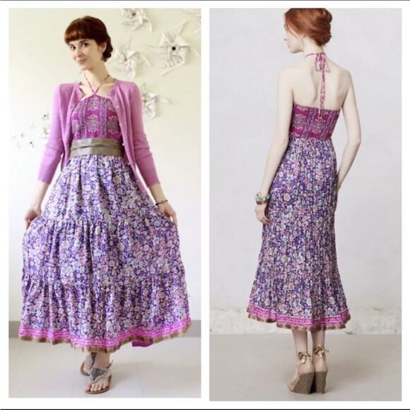 Anthropologie | Maeve Daleka Dress Sundress Halter Tiered Smocked Floral Large - Picture 1 of 11
